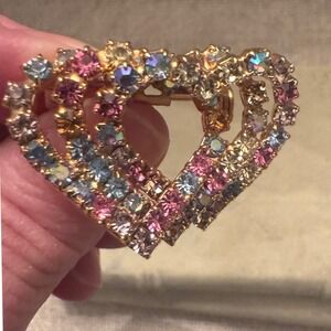 Vintage Rhinestone Triple Heart Brooch Multicolor Crystal Gold Tie 1980s